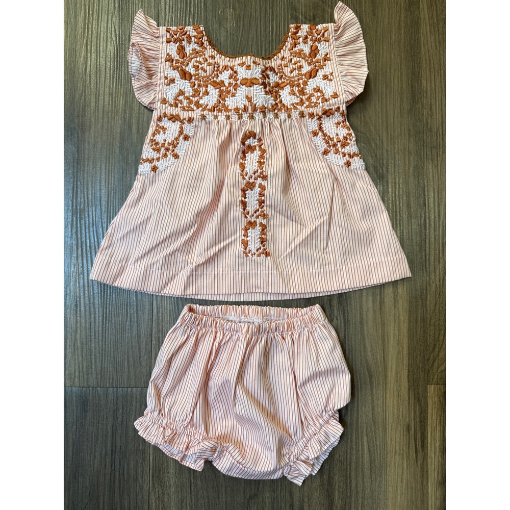 Six Honeybees Tunic Bloomer Set Baby 6M Burnt Orange Gameday Floral Embroidered